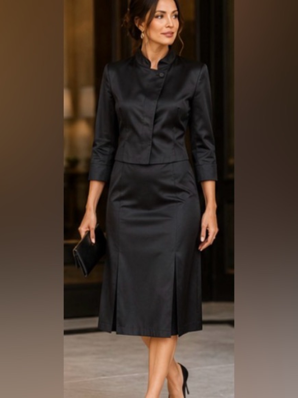 Carlisle 100% Silk Two-Piece Skirt Suit Set Size 4 Luxe Black Minimalist  Set